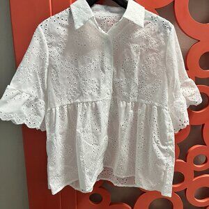 Women’s White Eyelet Embroidered Button-Down Blouse with Ruffle Sleeves